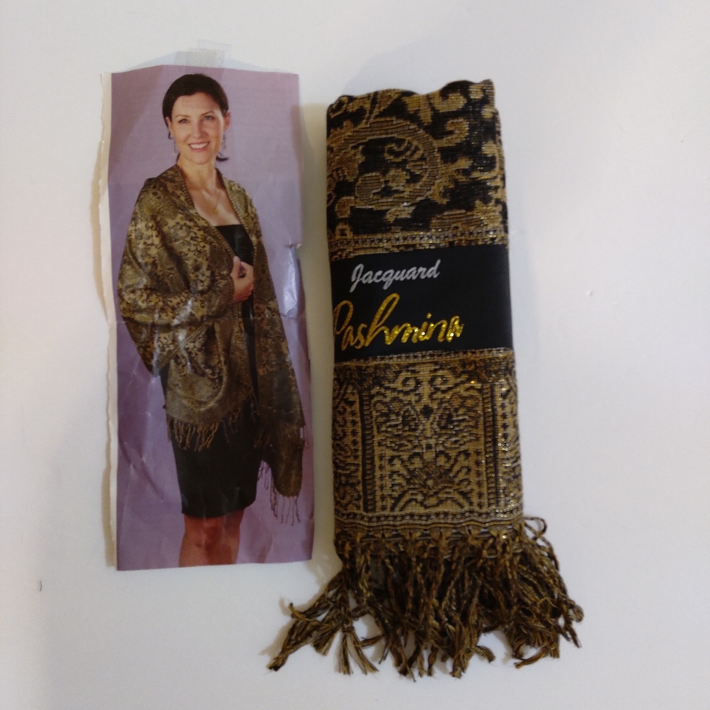 Jacquard Women's New Pashmina Shawl/ Scarf Black Tan Gold Elegant